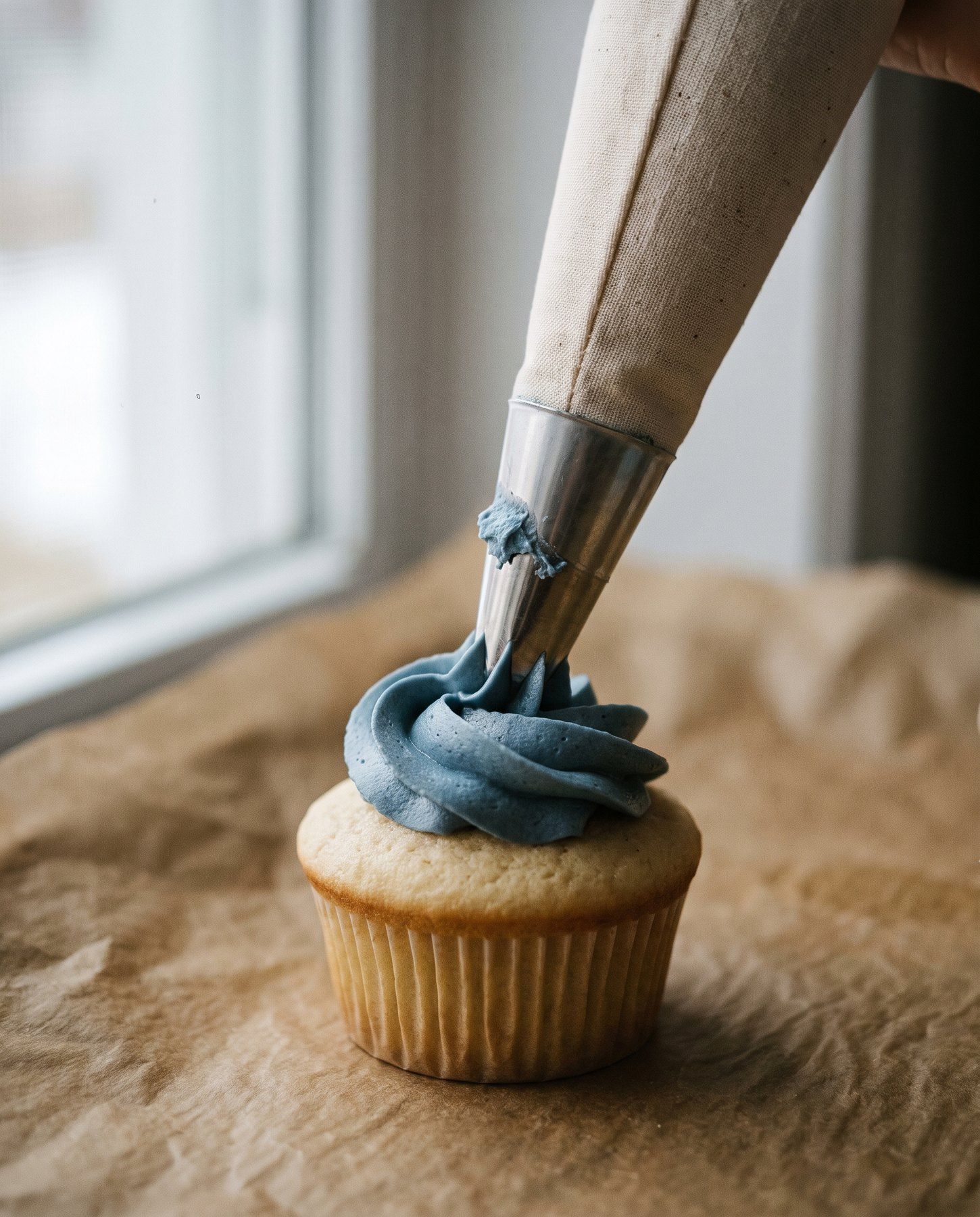 A cupcake being piped with pale blue buttercream coloured with TintBlue E40