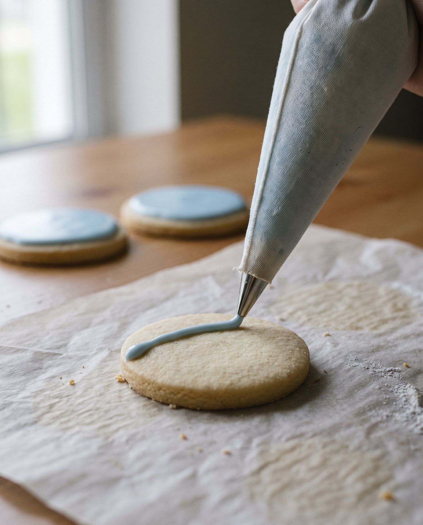 Royal icing coloured with TintBlue E18 being piped onto a shortbread cookie, with two iced cookies behind