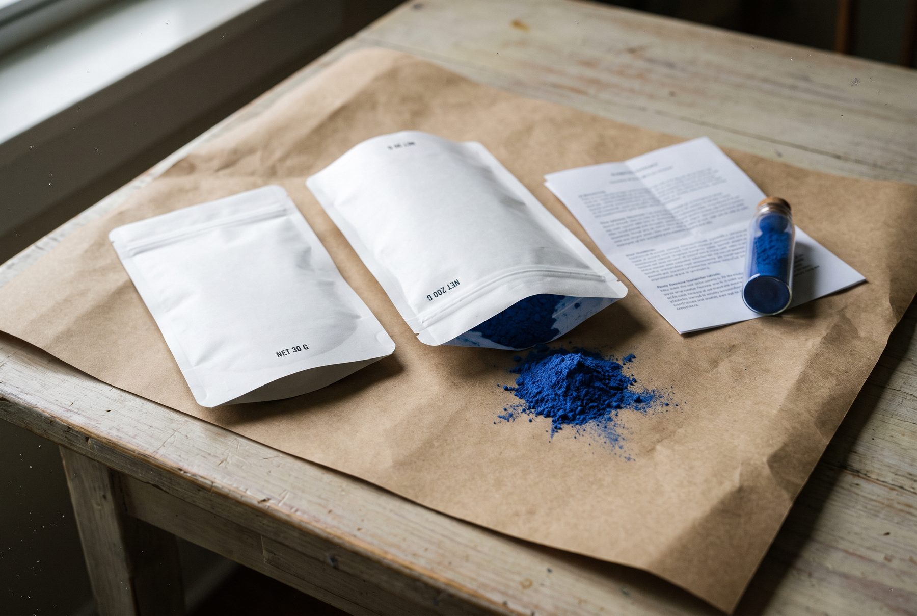Sample pouches of blue phycocyanin powder being packed